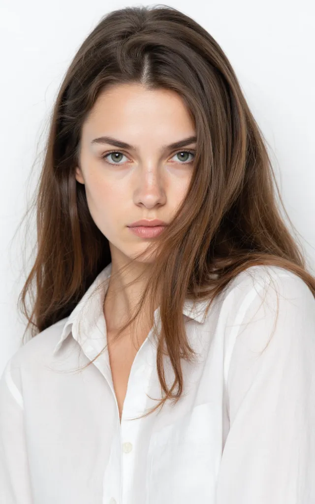 A French female model with Long flowing hair, wearing a shirt, against a white background, in a front   facing bust portrait